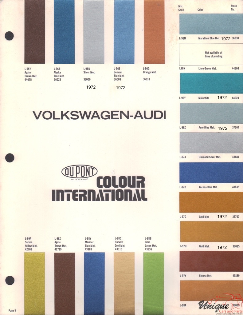 1972 Volkswagen International Paint Charts DuPont 5